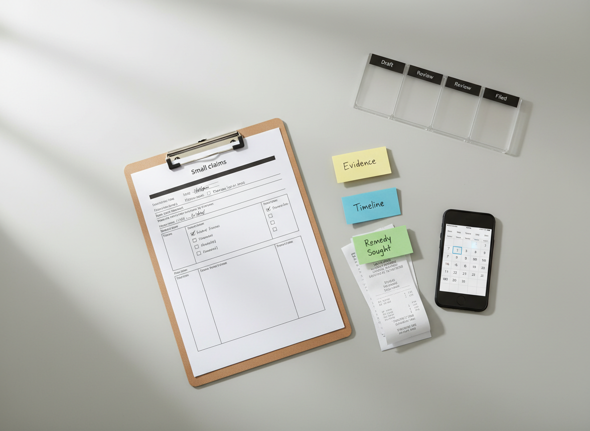 An overhead photographic shot of a tidy workspace dedicated to small claims preparation: a pale-gray desk surface with a centered clipboard holding a partially completed small claims form, neatly penned entries and checkboxes ticked. Color-coded sticky notes denote “Evidence,” “Timeline,” and “Remedy Sought” beside printed receipts, a smartphone displaying a calendar, and a compact calculator. A slim, modern desk organizer at the edge holds labeled tabs for “Draft,” “Review,” and “Filed.” Soft, diffused daylight from above-left creates an even, shadow-light balance. The composition follows a clean, minimalist style with plenty of negative space, conveying order, practicality, and reassurance for users navigating small claims procedures.