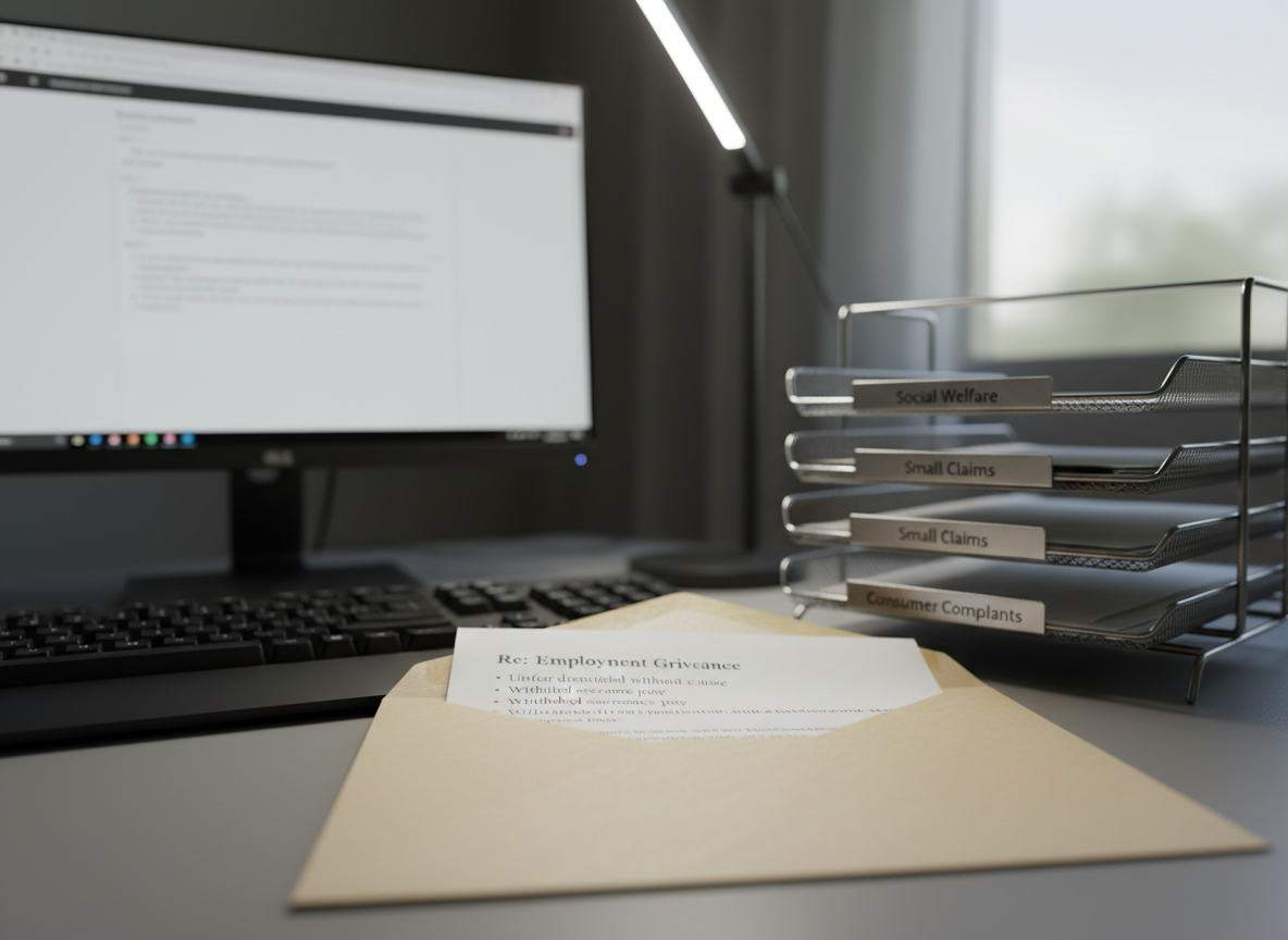 A close-up, photographic realistic scene of a neatly arranged correspondence drafting setup: an ivory envelope partially filled with a formal complaint letter on high-quality textured paper, visible headings like “Re: Employment Grievance” and bullet-pointed facts. A matte-black keyboard sits nearby with a minimalist email client open on a monitor in the background, text softly out of focus. A metal letter tray holds sorted categories labeled “Social Welfare,” “Small Claims,” and “Consumer Complaints.” Soft, cool-white desk lamp lighting mixes with gentle daylight, producing balanced illumination and minimal shadows. Shot from a slightly elevated angle with shallow depth of field, the atmosphere feels precise, calm, and competent, emphasizing careful written advocacy and structured communication.